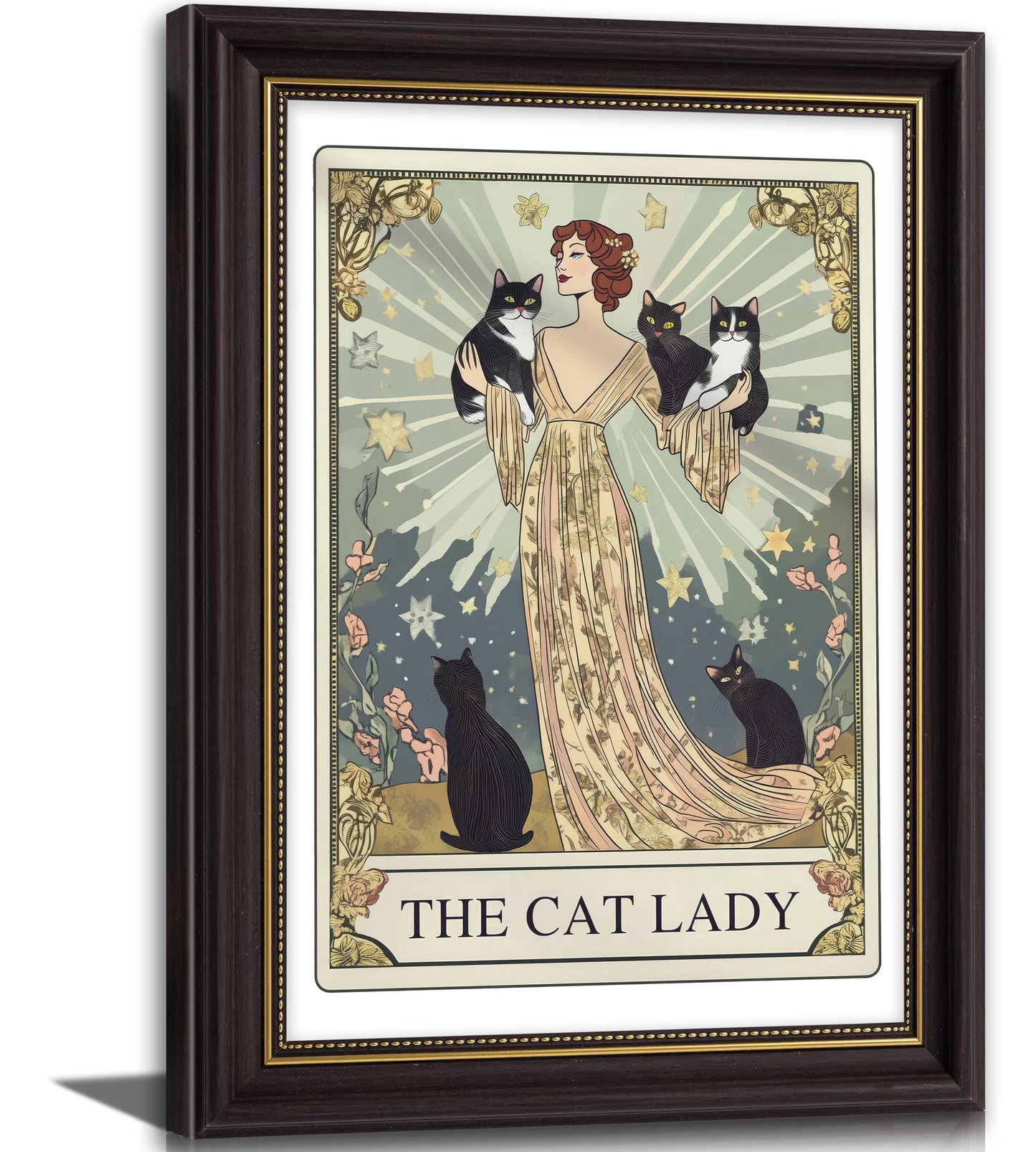Framed Cat Lady Tarot Wall Art, Cute Animals, Stars & flower Painting Canvas Prints, Whimsical Vintage Black Cats Poster, Mysterious Elegance Artwork for Bedroom Living Room and Cat Lovers 9x11 in