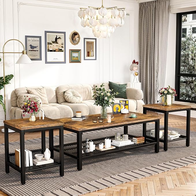 AWQM Coffee Table Industrial Coffee Table with 2 Square End Side Tables, Modern Living Room Table Set with Metal Frame for Apartment Home Office, Rustic Brown Set001