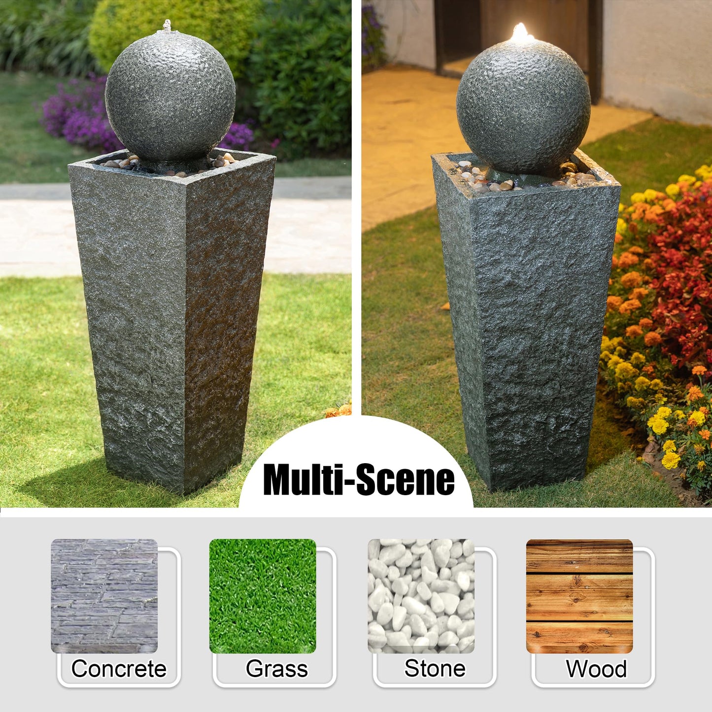 Glitzhome Outdoor Water Fountain with LED Light, Oversized Modern Sphere Pedestal Water Fountain with Submersible Pump, Outdoor Fountains Garden Waterfall for Patio Deck Porch, 40.25" H