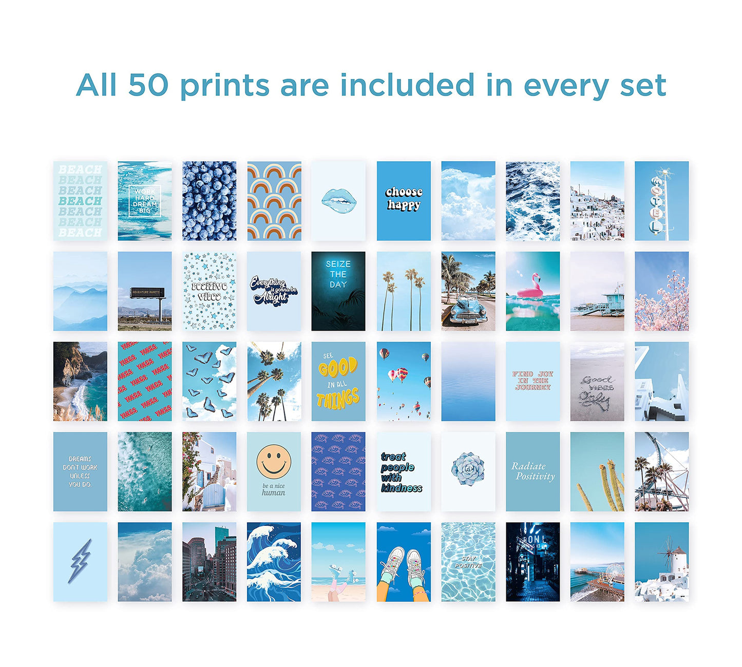 HAUS AND HUES Blue Photo Collage Kit for Wall Aesthetic Décor Beach Aesthetic Posters & Aesthetic Pictures | Aesthetic Blue College Room Decor (Set of 50)