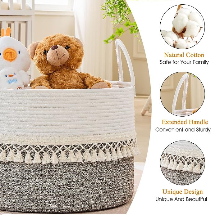 KAKAMAY Cotton Rope Storage Basket (20"x13"),Woven Hamper for Blankets,Toys,Pillows,Clothes,Laundry,Sturdy Handles Decorative Basket for Living Room, Bedroom,Nursery(Beige Fringe)