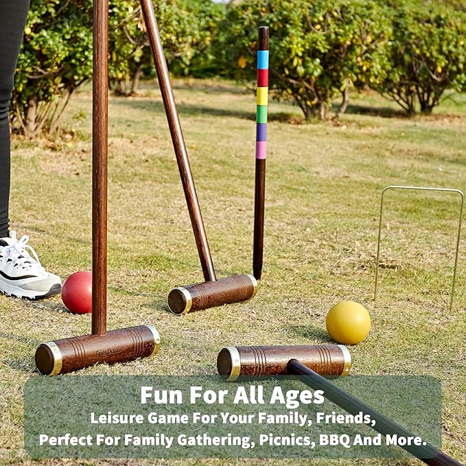 Six Player Croquet Game, 35’’ Croquette Set with Premium Wooden Mallets/Colored Balls/Wickets/Stakes/Carrying Bag, Classic Outdoor Backyard Lawn Games for Teens Adults Family