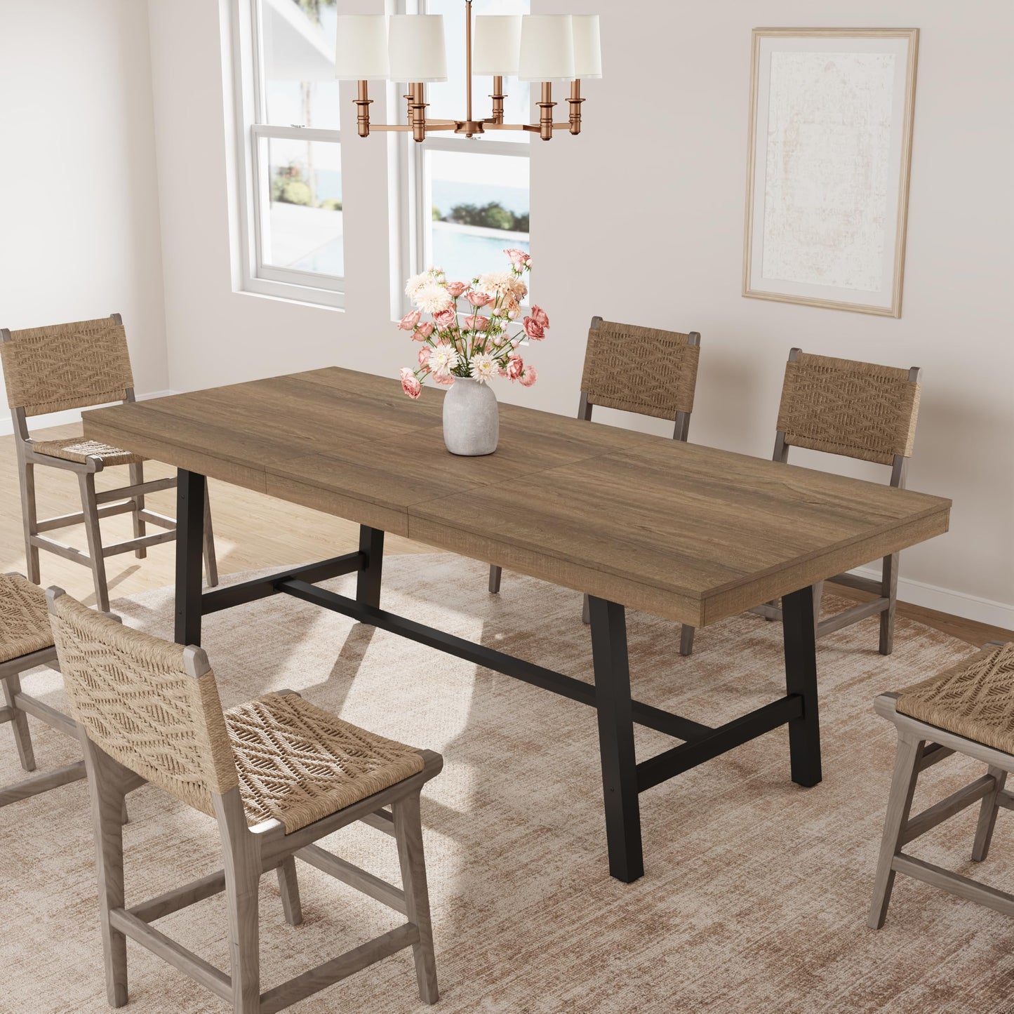 GarveeHome 63-83" Extendable Dining Table, Industrial Rectangular Dining Room Table for 6-8 People, Expandable Kitchen Table with Heavy Duty Metal Frame for Dining Room, Kitchen & Parties, Rustic Pear