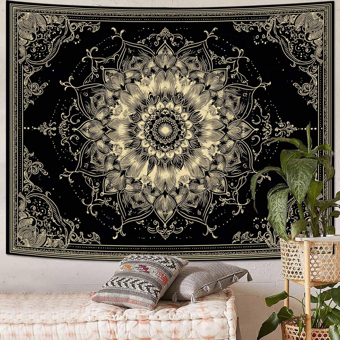 Wegklazax Golden Outline Mandala Tapestry, Intricate Floral Wall Art for Room Decor, Elegant Black and Gold Aesthetic Home Decor 60" L x 44" W