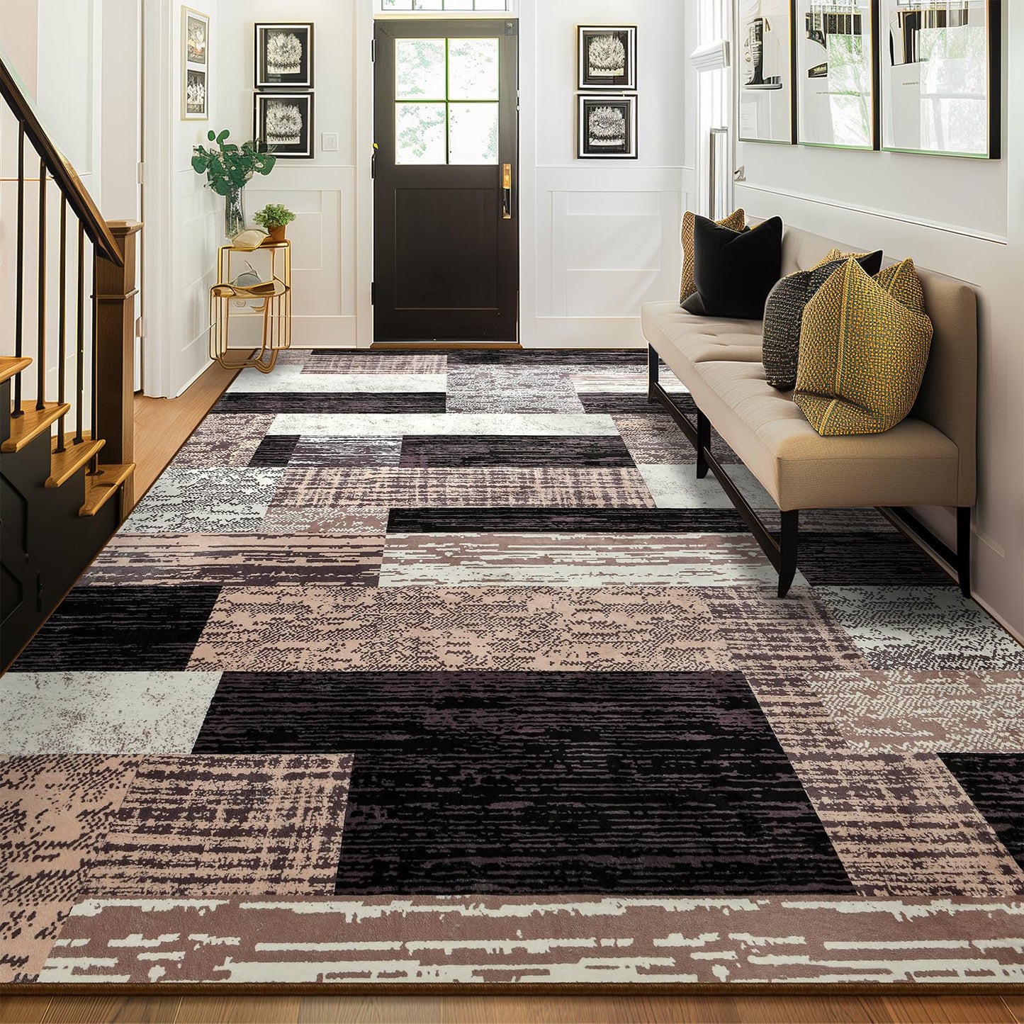 Large Area Rugs,Modern Geometric Patchwork Floor Decor for Bedroom Aesthetic Carpet, Rockwood Collection, Indoor Rugs for Living Room Dining Room Nursery Office Machine Washable Rug, 5x8 Ft Chocolate