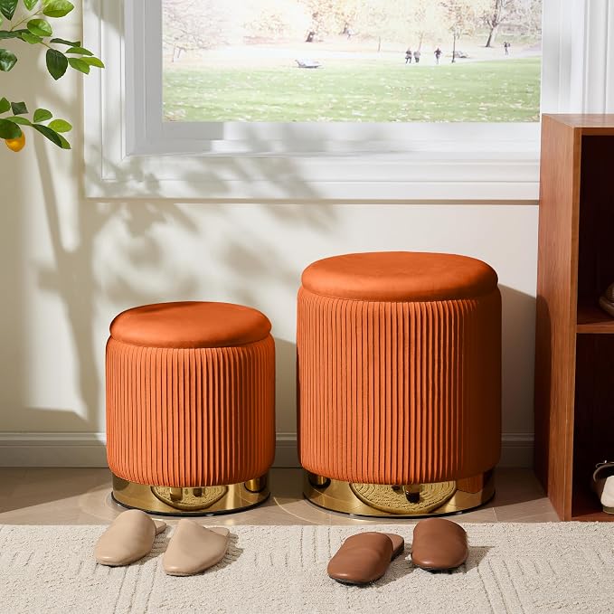 Royal Windsor Round Ottoman with Storage Set of 2, Vanity Stool with Storage for Bedroom, Ottoman Coffee Table Gold-Tone Ring Around the Base, Small Velvet Foot Stool for Living Room, Orange