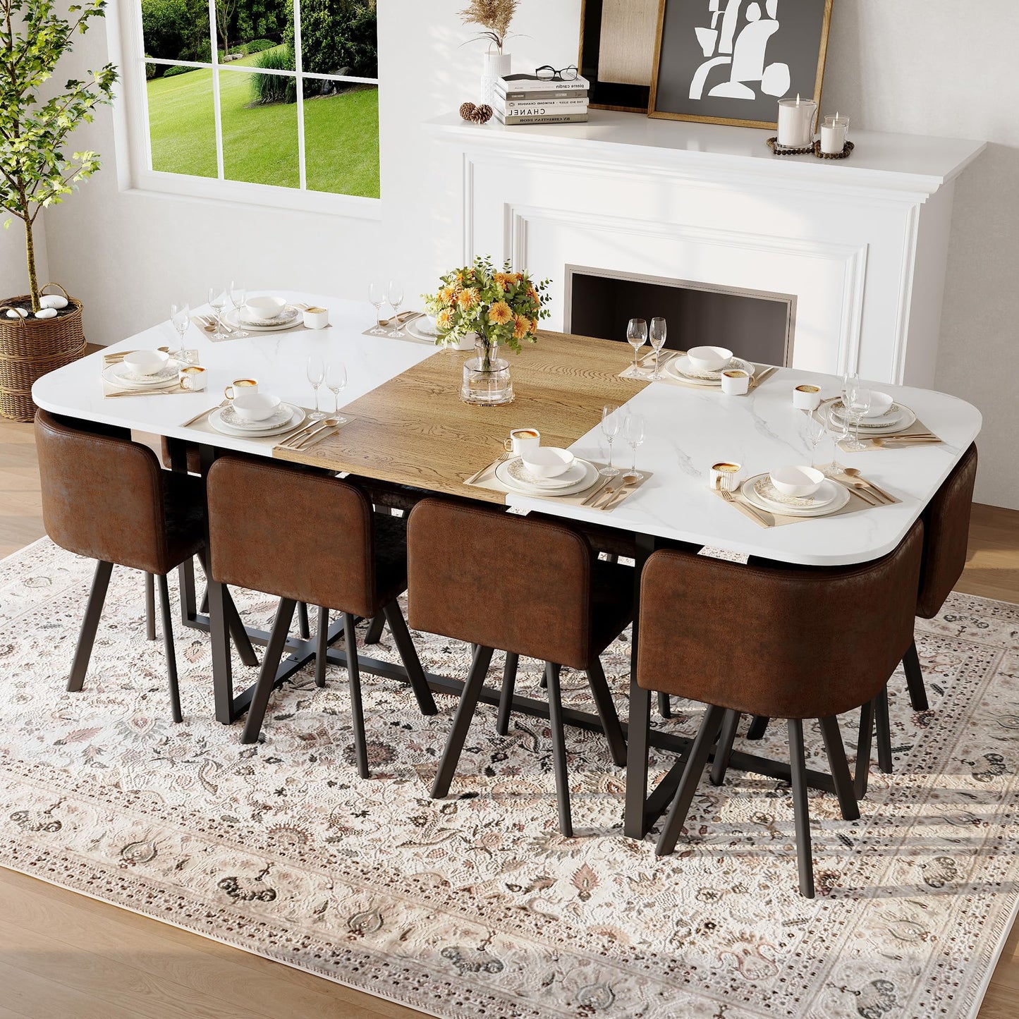 KEIKI 79" Dining Table Set for 8, Rectangular Kitchen Table Set with White Faux Marble & Wood Grain Top, Modern Dining Room Set with 8 Brown Suede Chairs, Large Family Dining Table Furniture