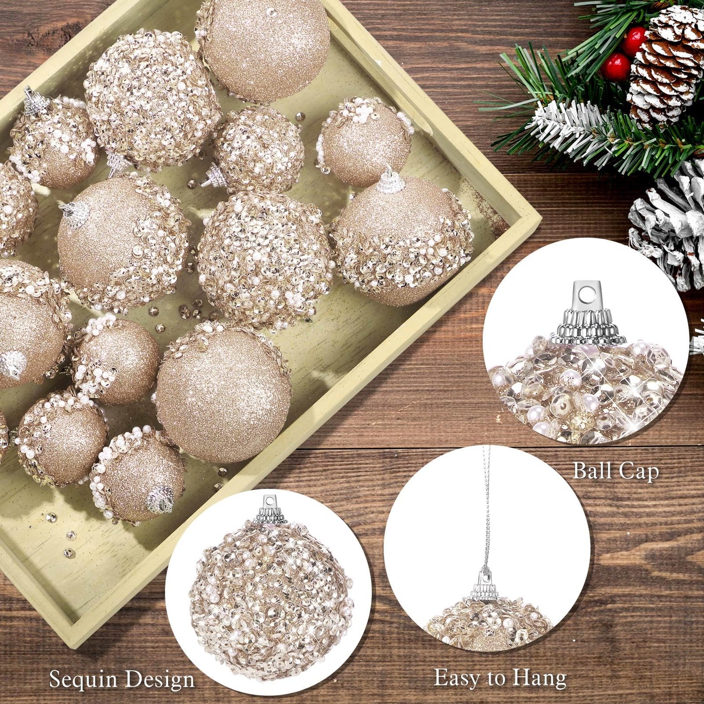 Poen 24 Pcs Glitter Christmas Ball Ornaments Set Christmas Tree Ornaments Hanging Sequin Foam Xmas Balls Decoration for Xmas Tree Wreath Garland Home Decor Wedding Party(Champagne)