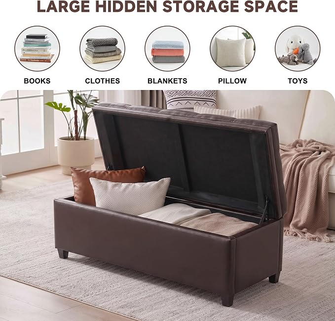Mangodan 43" Storage Ottoman Bench, Tufted Ottoman with Storage for Living Room, Large End of Bed Ottomans, Modern Entryway Benchs, Window & Bedroom Benches for Foot of Bed (Faux Leather Dark Brown)
