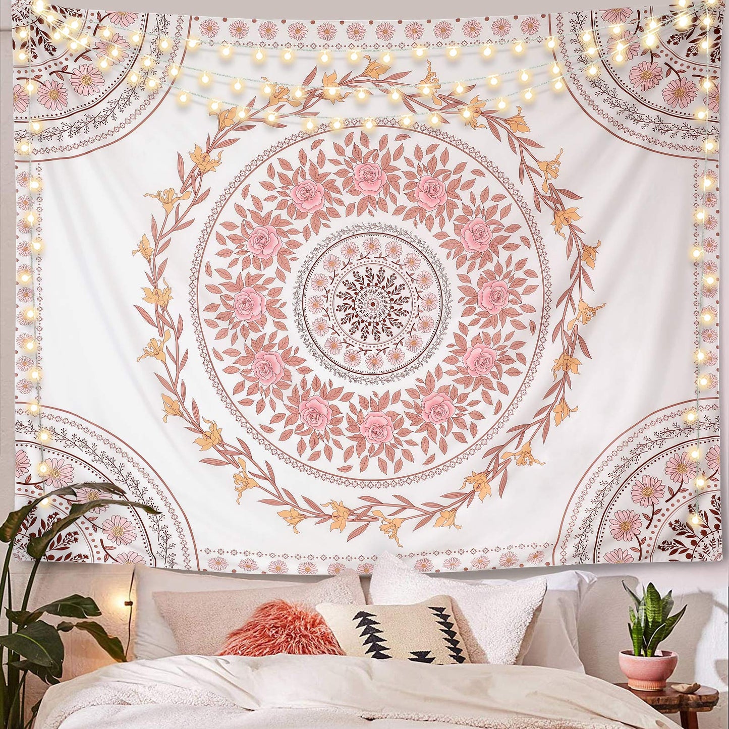 FLY SPRAY Mandala Tapestry Aesthetic,Boho Tapestry Wall Hanging,Pink Floral Medallion Tapestries,Bohemian Wall Art Hippie Decor for Bedroom Living Room Dorm