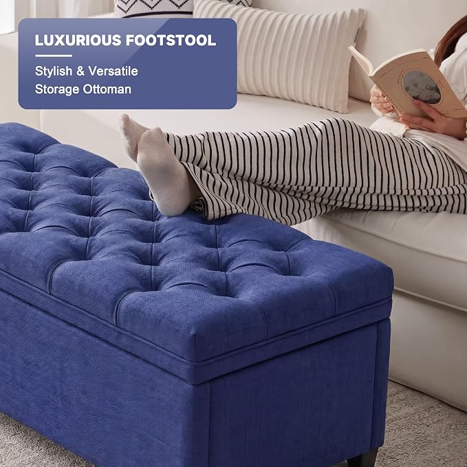 Mangodan 43" Storage Ottoman Bench, Tufted Ottoman with Storage for Living Room, Large End of Bed Ottomans, Modern Entryway Benchs, Window & Bedroom Benches for Foot of Bed (Blue)