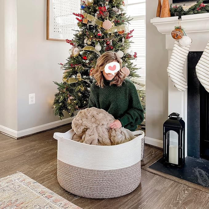 INDRESSME XXXLarge Blanket Basket for Living Room 21.7" x 21.7" x 13.8"-Storage Basket with Handle for Organizing Toy Pillows Woven Cotton Rope Laundry Basket Stuffed Animal Toy Storage for Play Room