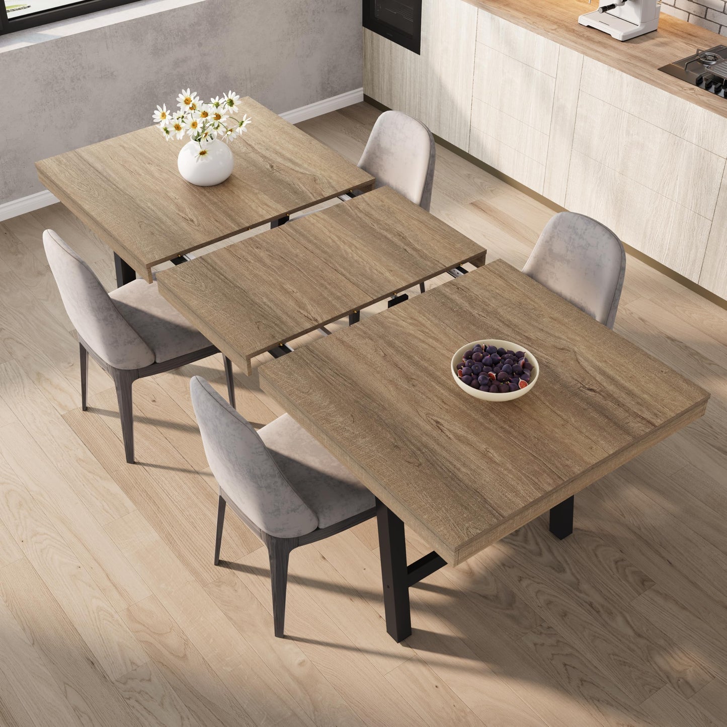 GarveeHome 63-83" Extendable Dining Table, Industrial Rectangular Dining Room Table for 6-8 People, Expandable Kitchen Table with Heavy Duty Metal Frame for Dining Room, Kitchen & Parties, Rustic Pear
