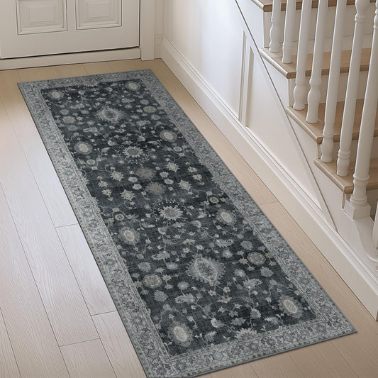 GENIMO Runner Rug for Hallways Machine Washable, 2x5 Non Slip Boho Vintage Lightweight Washable Runners, Thin Floor Rugs for Entryway Hallway Bathroom Laundry Room Corridor, Charcoal