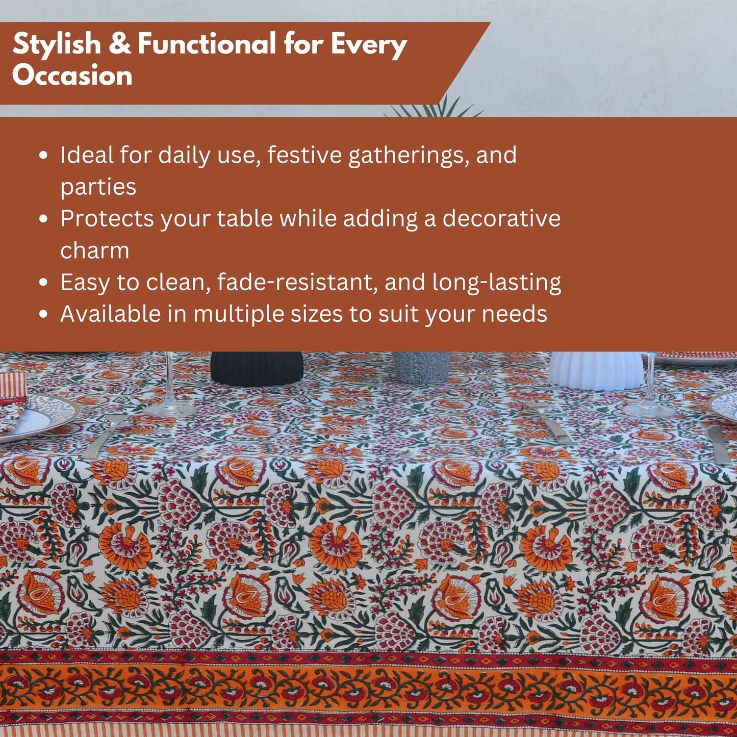 Handblock Print Cotton Tablecloth – 72x108 Rectangle Table Cover Seats 6–8 – Indian Block Printed Floral Dining Table Linen – Boho Washable Cloth for Kitchen, Party, Outdoor (Orange)