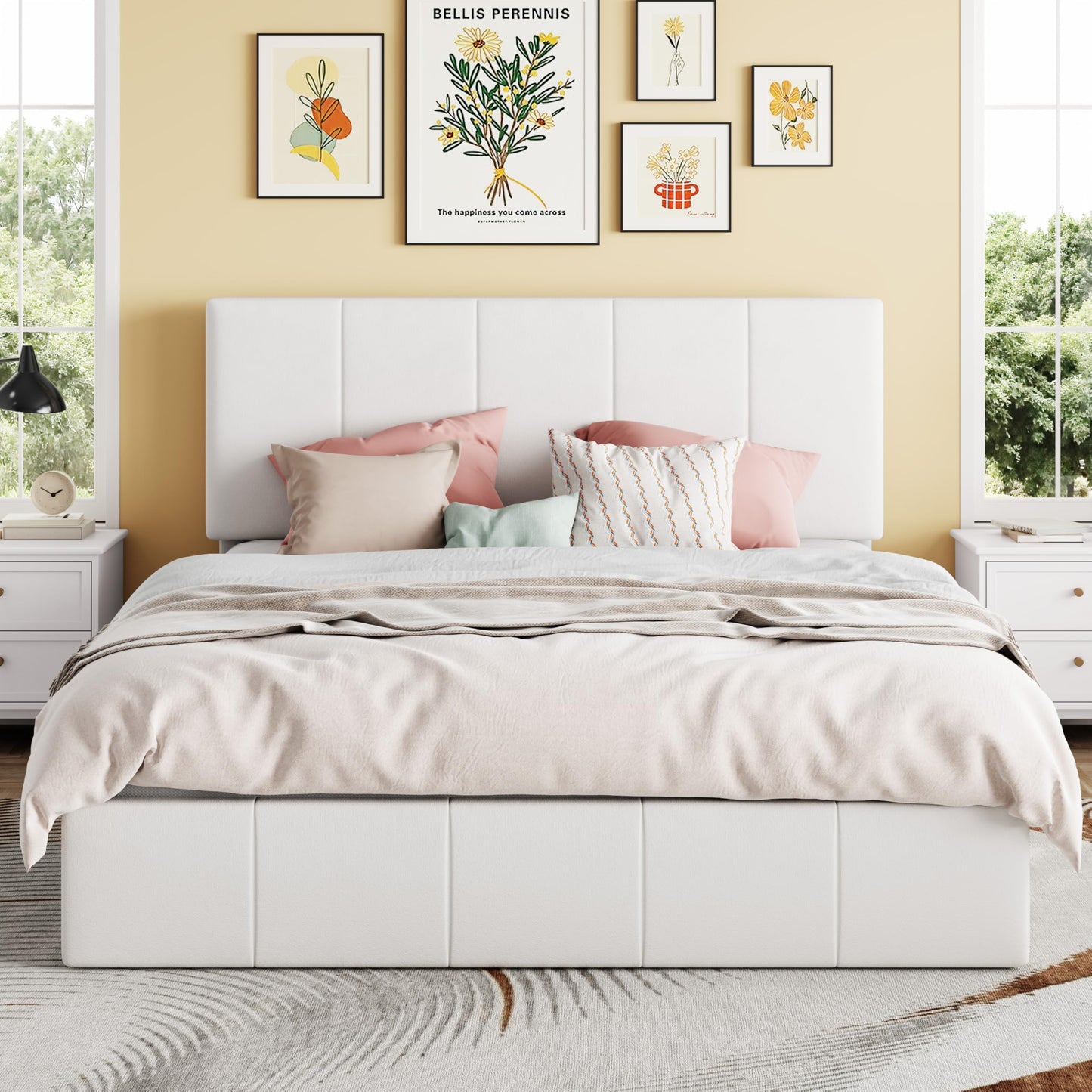 SHA CERLIN Queen Size Lift Up Storage Bed Frame, Adjustable Headboard, Hydraulic Support, Velvet Upholstered, Easy Installation, No Box Spring Needed, White
