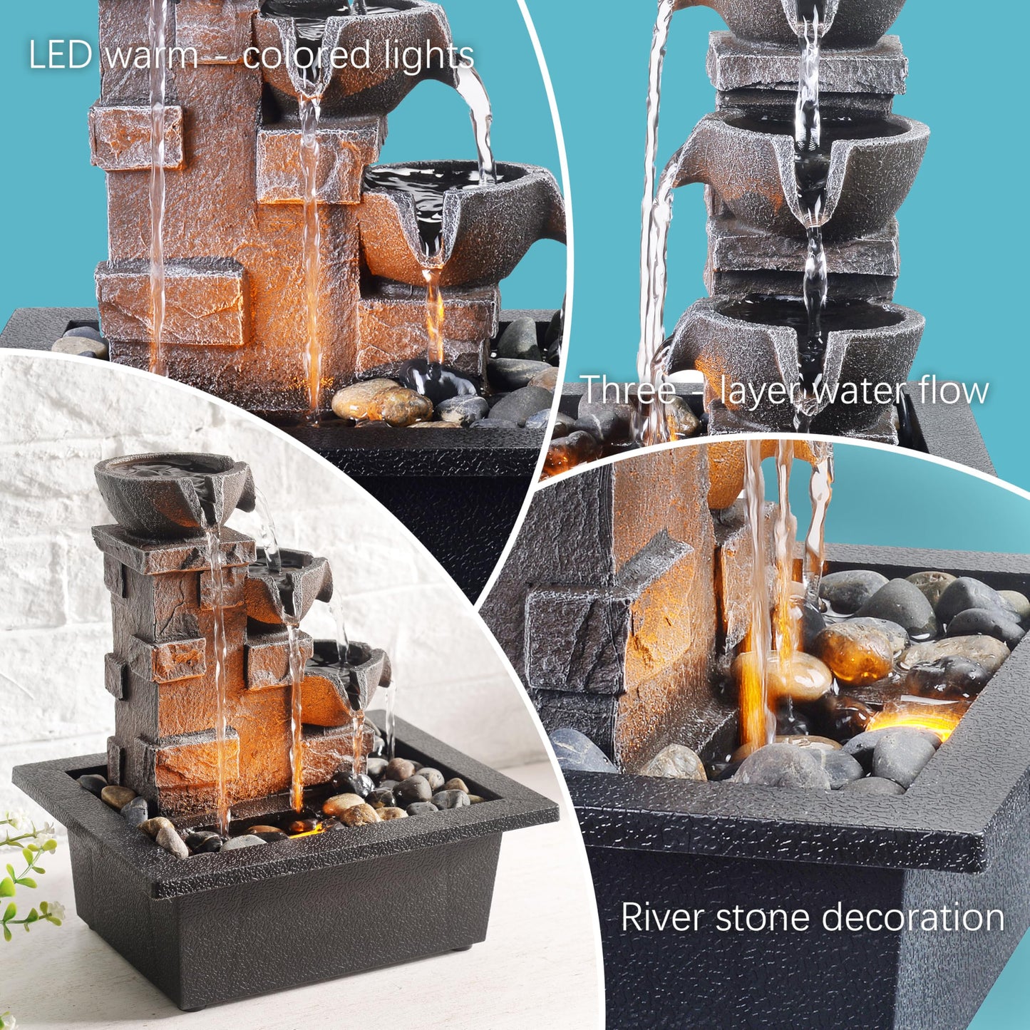 GOSSI Home Décor Imitation 3-Tier Stone Wall Tabletop Fountain Many Natural River Rock Office Relaxing Desktop Zen Waterfall Meditation Tabletop Fountain LED Lights Fountain Christmas Decorations