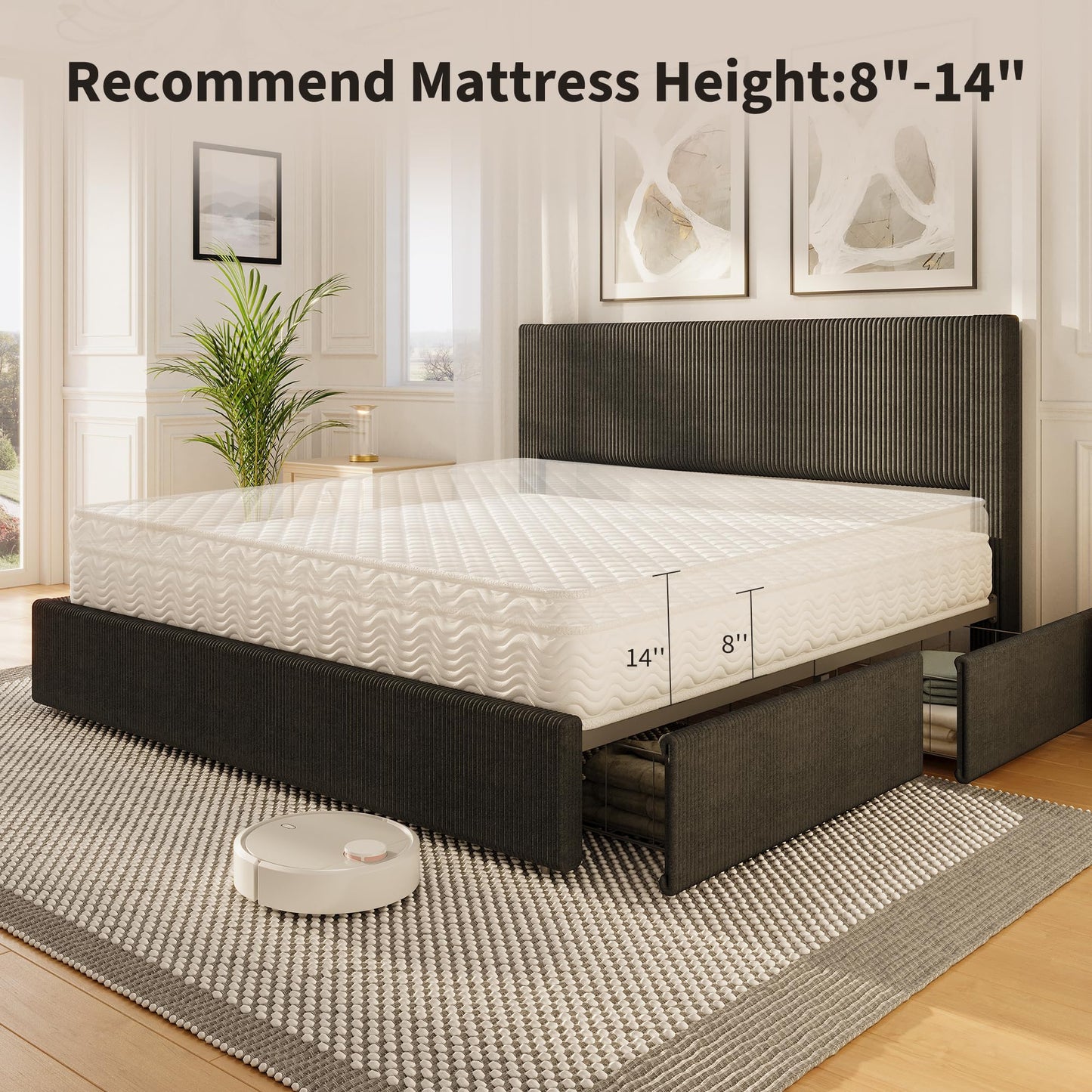 IDEALHOUSE Full Size Bed Frame with Tufted Wingback Headboard, Platform Corduroy Upholstered Bed Frame with 4 Storage Drawers and Wooden Slats Support, No Box Spring Needed, Black