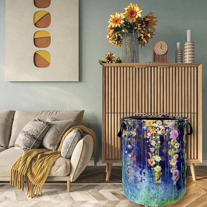 Beautiful Blue Green Floral Laundry Basket Foldable With Handles Tote Bag Oxford Cloth Colorful Laundry Hamper Clothes Storage Bucket Toy Organizer 18.9"x16.5" For Bathroom/Laundry/Bedroom