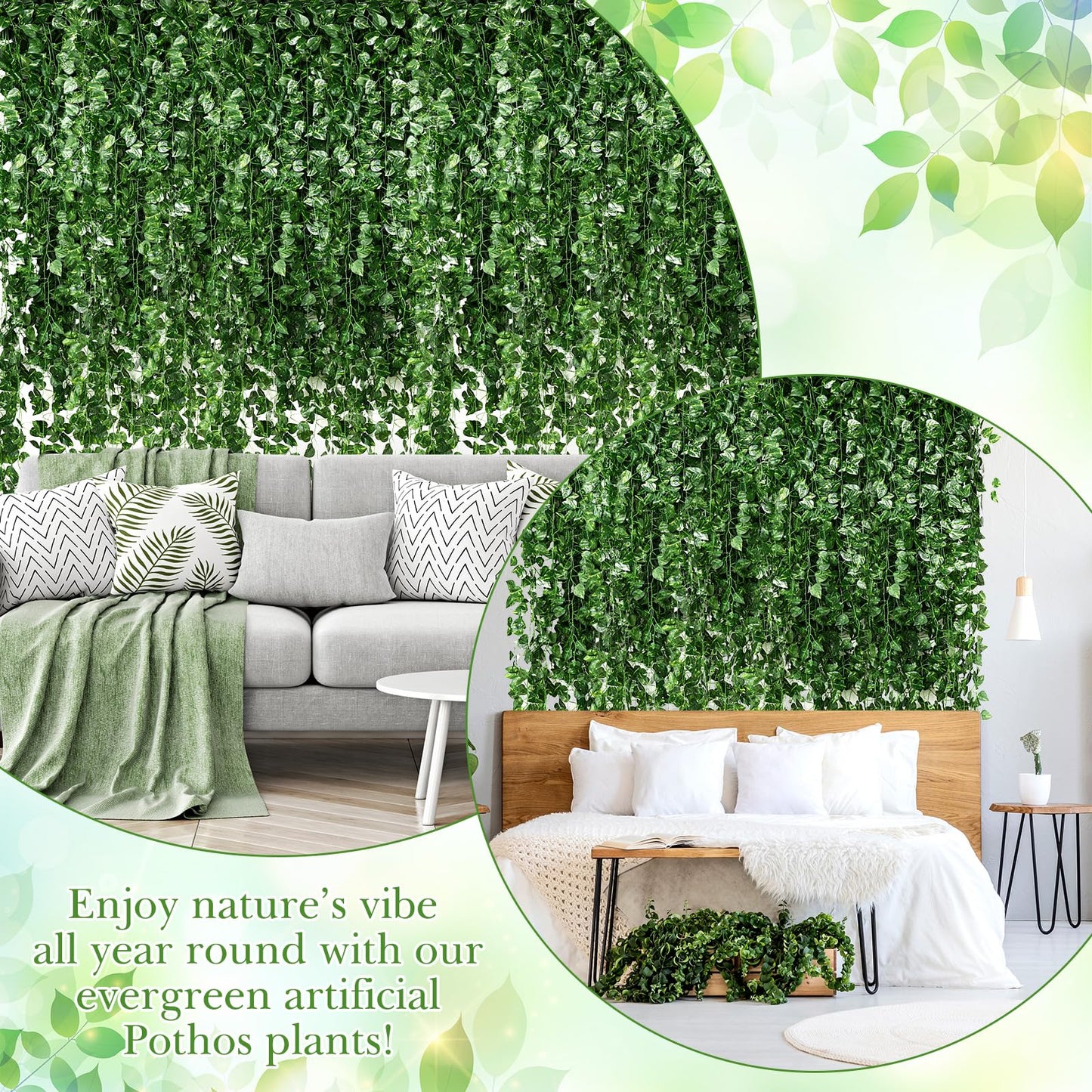 Yuxung 100 Pcs Fake Vines Bulk Artificial Ivy Garland Greenery Hanging Vines Green Leaves Plants for Bedroom Wedding Garden Home Wall Jungle Themed Party Decorations (722ft)