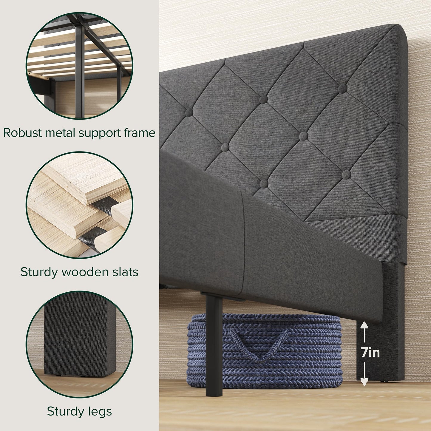 Zinus Queen Shalini Upholstered Platform Bed Frame with Headboard [New WonderBox(TM) Version], Wooden Slat Support, No Box Spring Needed, Easy Assembly, Eco Friendly Packaging, Dark Grey