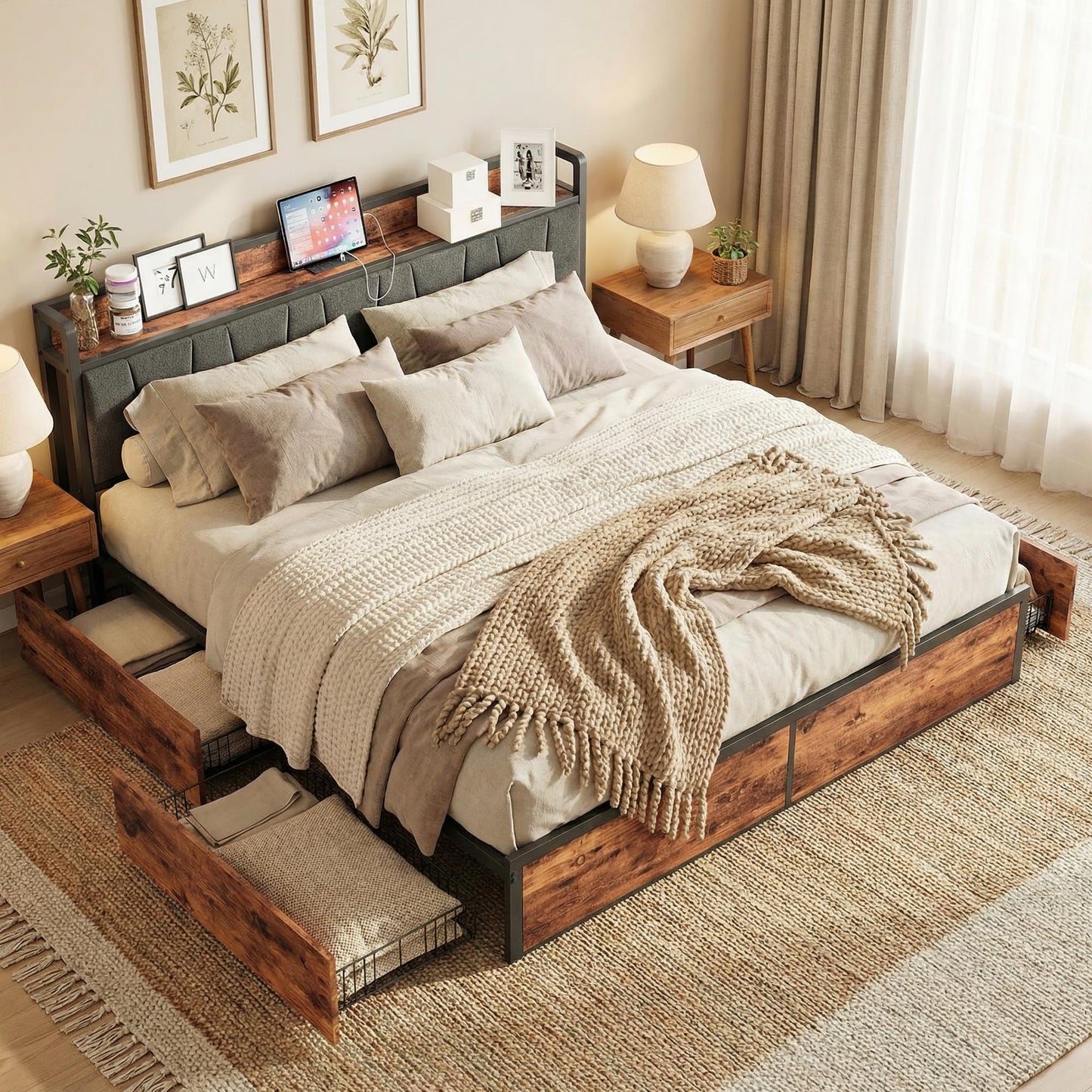 LIKIMIO King Bed Frame with 4 Storage Drawers, Platform Bed with Charged Headboard, Sturdy and Stable, No Noise, No Box Spring Needed, Easy to Install, Vintage Brown and Gray