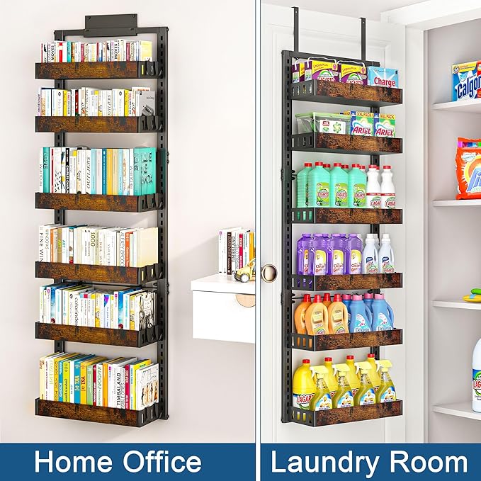 BUKFEN 6-Tier Over the Door Pantry Organizer, 2-in-1 Door Hanging or Wall Mounted Spice Rack with Adjustable Wooden Baskets, Heavy Duty Metal Storage Shelf, 12 Hooks for Kitchen, Bathroom, Closet