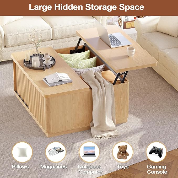 Itaar 39.4'' Lift Top Coffee Table with Storage, Fluted Coffee Tables for Living Room, Square Coffee Table with Large Hidden Compartment & 2 Drawrs & Adjustables Shelves, Oak