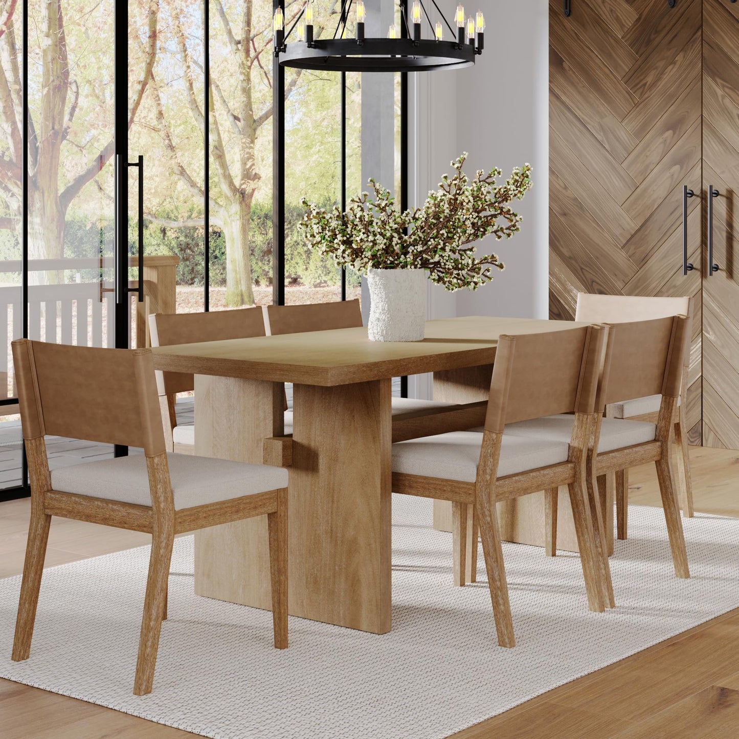 Nathan James Briggs Modern Farmhouse Dining Set for 6, Solid Wood Dining Room Table Set with 6 Upholstered Dining Chairs, Light Brown