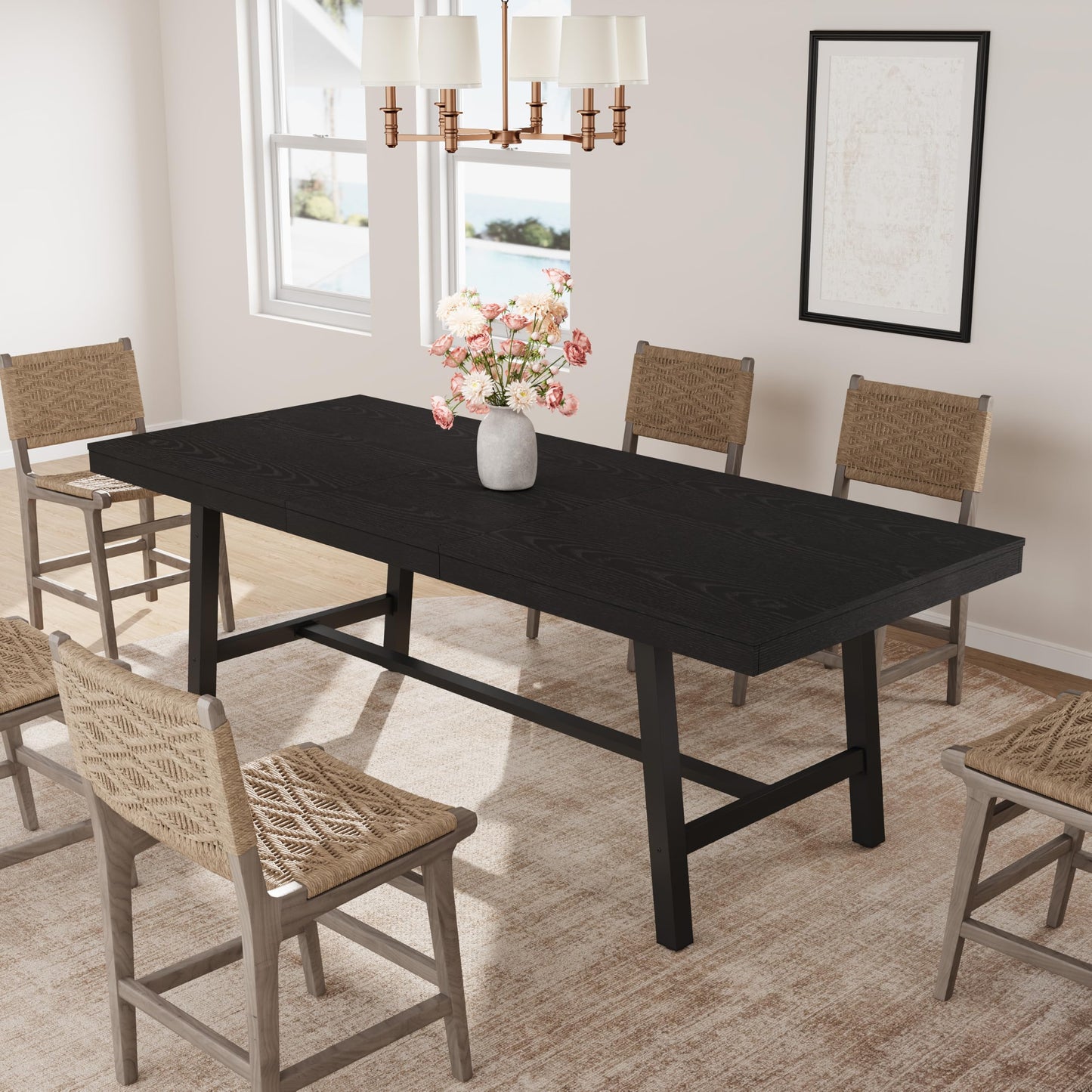 GarveeHome 63-83" Extendable Dining Table, Industrial Rectangular Dining Room Table for 6-8 People, Expandable Kitchen Table with Heavy Duty Metal Frame for Dining Room, Kitchen & Parties, Black