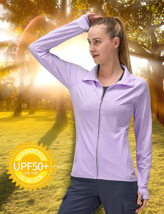 Women's UPF 50+ UV Sun Protection Clothing Long Sleeve Athletic Hiking Shirts Lightweight SPF Zip Up Outdoor Jacket