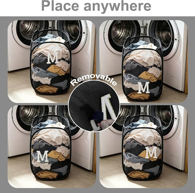 Collapsible Pop Up Laundry Hamper, Extra Large with Removable Initial Letter M, Mesh Foldable Laundry Basket, 28" x 16" x 16" (Black)
