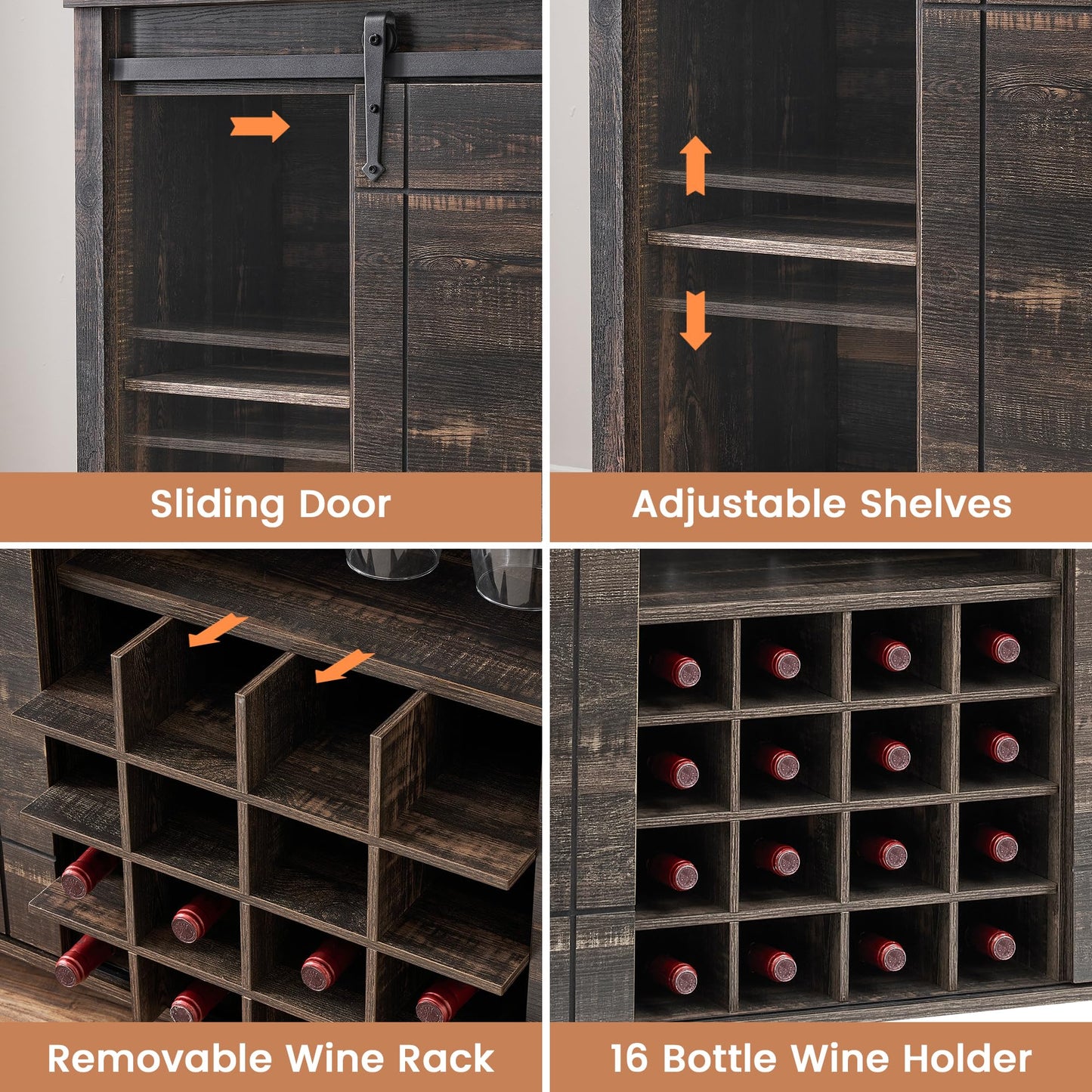 IDEALHOUSE Wine Bar Cabinet,Coffee Bar Cabinet,Farmhouse Liquor Station,Rustic Buffet Sideboard with Sliding Barn Doors,Wine & Glass Racks,Adjustable Shelves,for Living Room,Kitchen,Entryway(Fire)