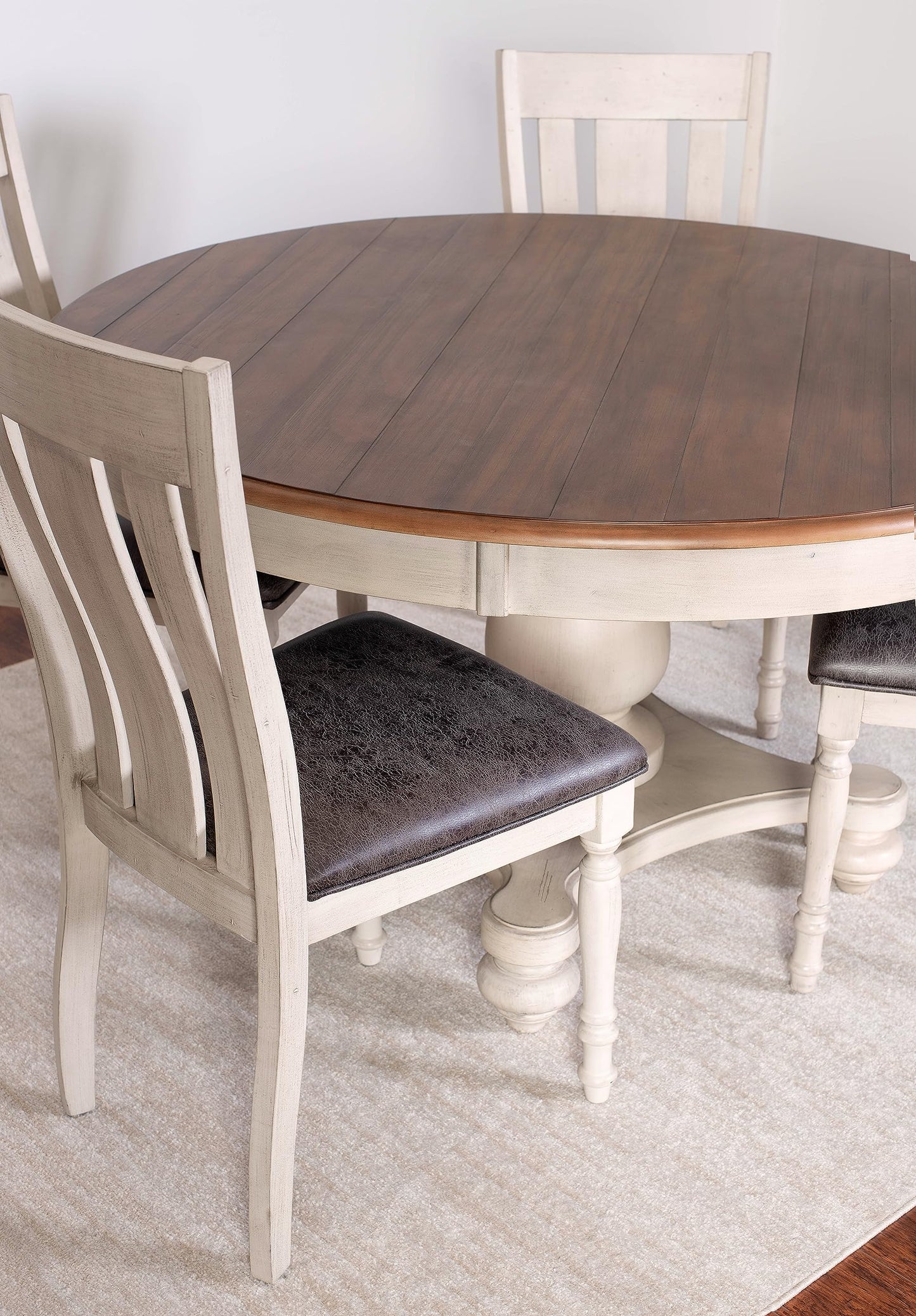 Roundhill Furniture Arch Solid Wood Dining Set: Round Table, Four Chairs, Distressed White and Dark Oak