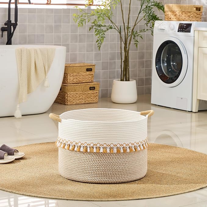 KAKAMAY Cotton Rope Storage Basket (20"x13"),Woven Hamper for Blankets,Toys,Pillows,Clothes,Laundry,Sturdy Handles Decorative Basket for Living Room, Bedroom,Nursery(Brown/Grey)