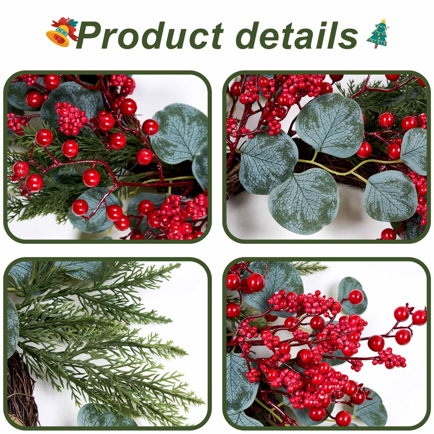 WSTPUPU Artificial Christmas Wreath 22inch Christmas Wreaths for Front Door Xmas Red Berry Wreath with Eucalyptus Leaves Pine Needles Red Berries for Wall Farmhouse Window Winter Holidays