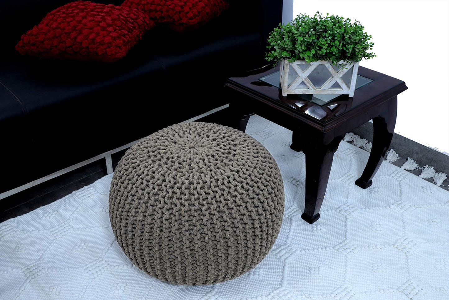 FRELISH DECOR Round Pouf Ottoman Hand Knitted 100% Cotton Pouf - Foot Stool - Knitted Bean Bag - Floor Chair for Living Room Bedroom - Foot Rest for Couch (20 Diameter x 14 Height) - Beige