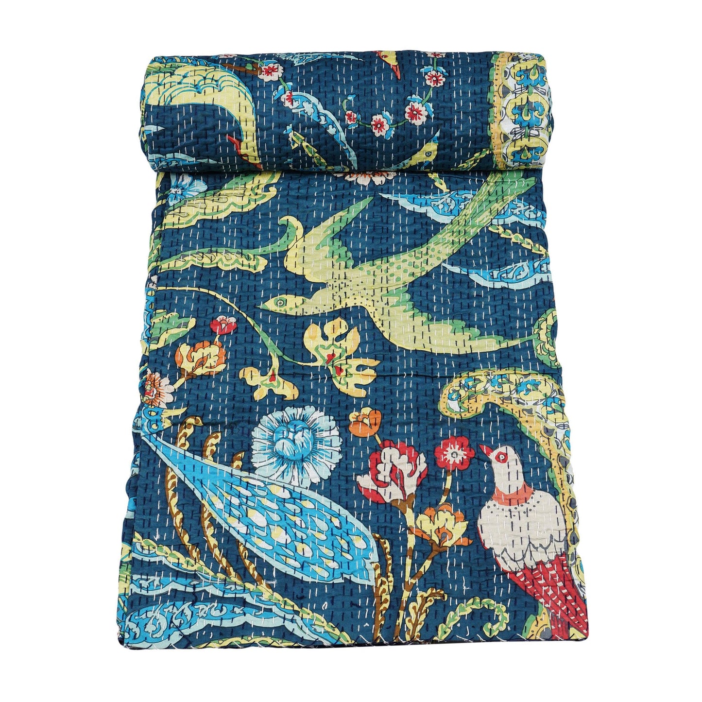 Marubhumi Indian Handmade Traditional Unique Print Kantha Quilt Throw Blanket Bespread Hand Stitched with Love (Navy, Queen (90"x 108"))