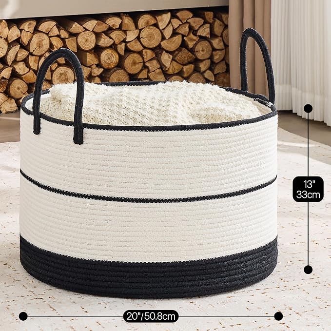 KAKAMAY Cotton Rope Storage Basket (20"x13"),Woven Hamper for Blankets,Toys,Pillows,Clothes,Laundry,Sturdy Handles Decorative Basket for Living Room, Bedroom,Nursery(Black/Beige)