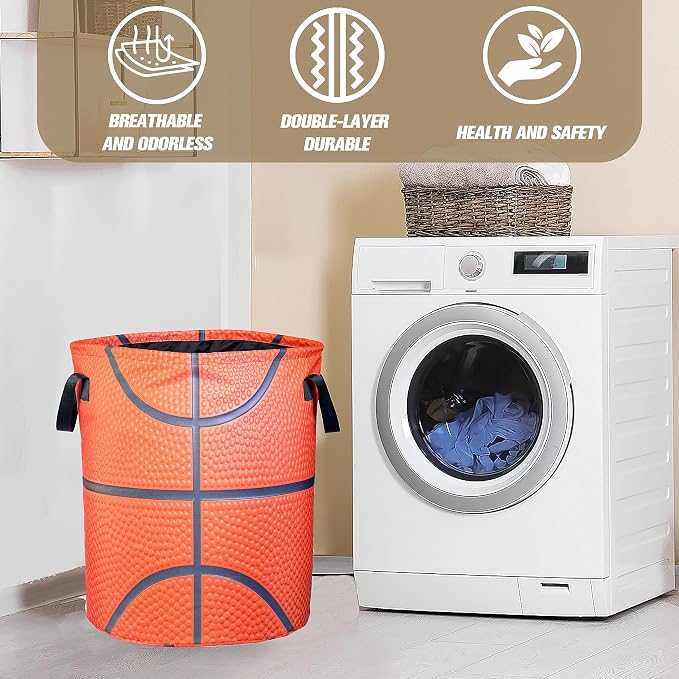 Basketball Texture Laundry Basket Ball Foldable Waterproof Oxford Cloth Funny Tote Bag Laundry Hamper Clothes Storage Bucket Organizer For Bathroom/Laundry Storage/Bedroom 18.9x16.5 Inch