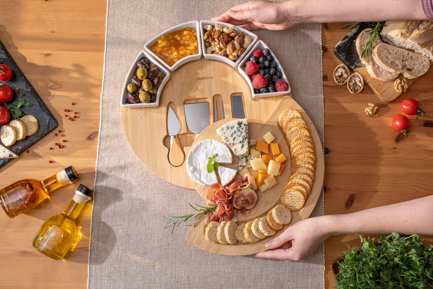 ChefSofi Charcuterie Board Set and Cheese Serving Platter - Made from Bamboo Wood - US Patented 13 inch Cheese Board and Knife Set for Entertaining and Serving - 4 Knives and 4 Bowls