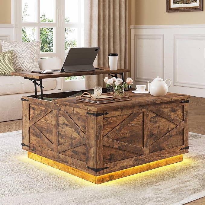 Jocoevol Farmhouse Lift Top Coffee Table, Square Wood Center Table with LED Lighting, USB-C Charging Station, and Hidden Storage Compartment - Rustic Brown Living Room Furniture