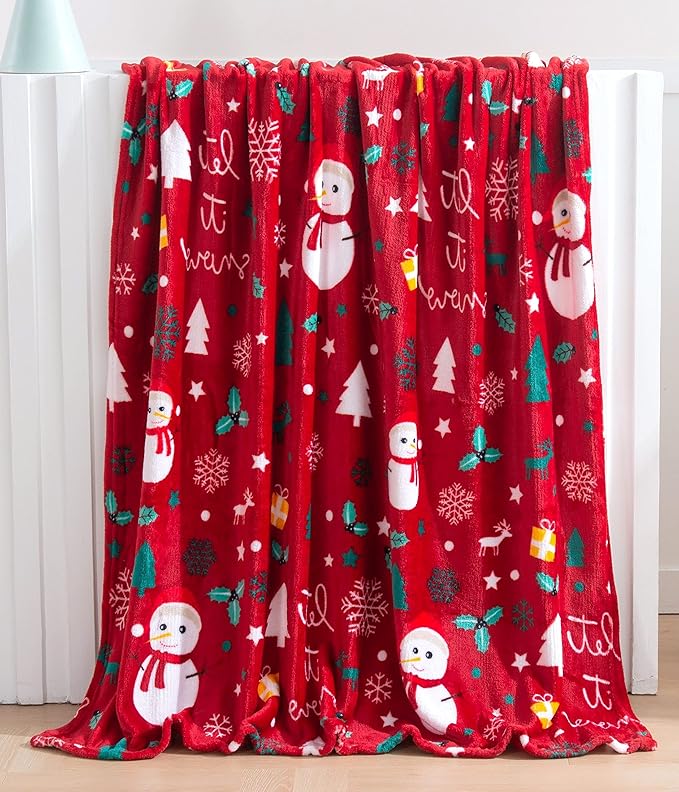 Elegant Comfort Luxury Velvet Super Soft Christmas Prints Fleece Blanket-Holiday Theme Home Décor Fuzzy Warm and Cozy Throws for Winter Bedding, Couch and Gift, 50 x 60 inch, Red Snowman