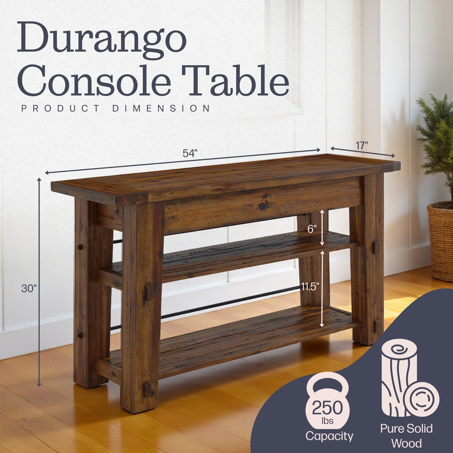 Durango 54-Inch Farmhouse-Industrial Style Wood Console Table with Two Open Shelves, Solid Wood Top, and Natural Grain and Knots – Fits TVs up to 60 Inches in Living Rooms by Alaterre Furniture