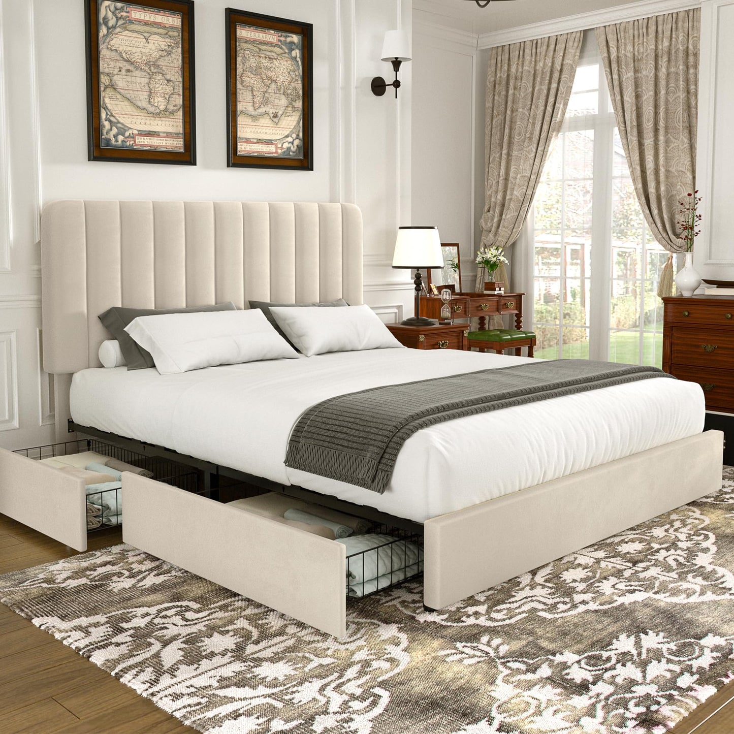 VECELO King Size Upholstered Bed Frame with 4 Drawers and Headboard, Velvet Platform Storage Bedframe, Wooden Slats Support, No Box Spring Needed,Bone Beige