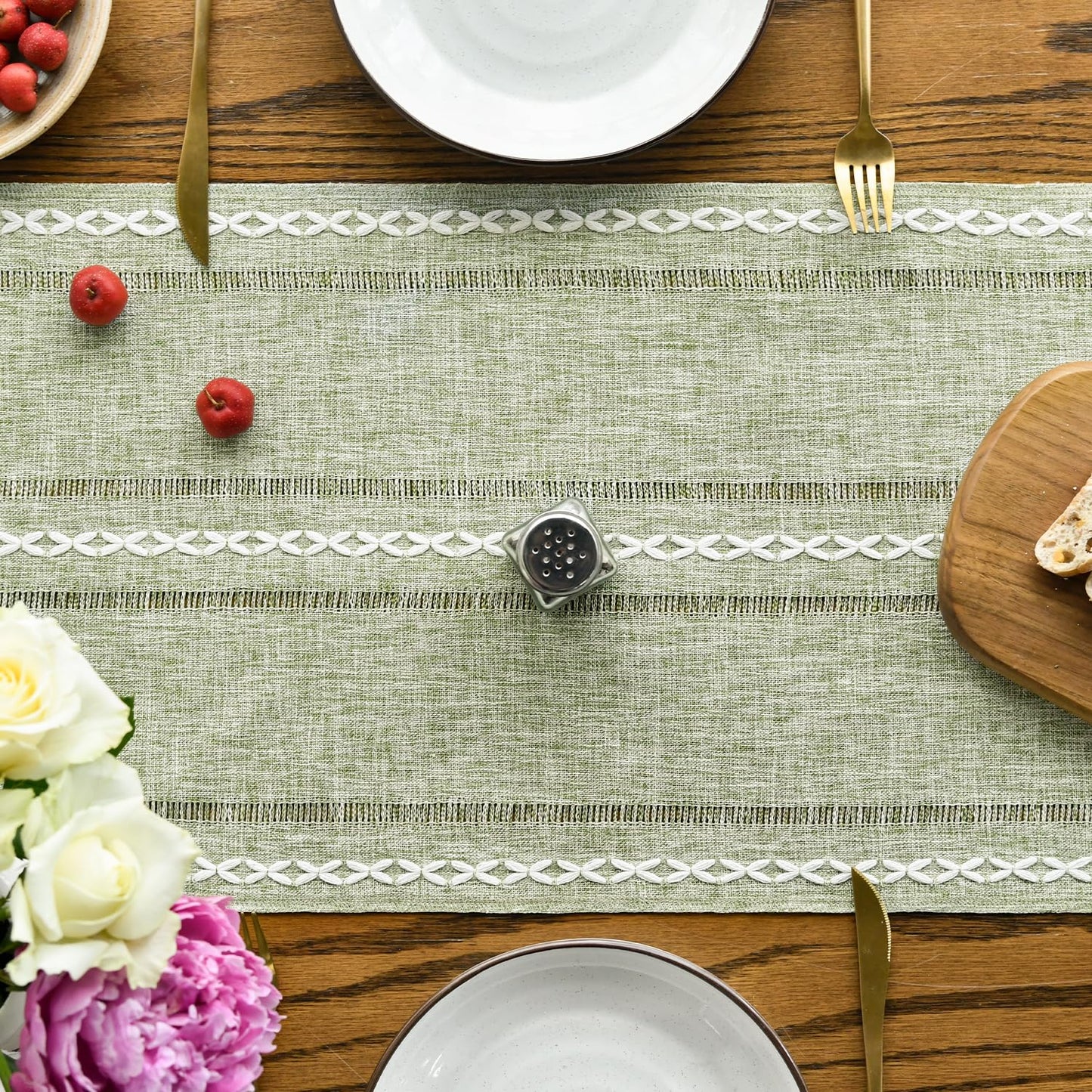 Artoid Mode Sage Green Rustic Cotton Linen Table Runner, Seasonal Embroidered Hollow Kitchen Dining Table Decoration for Home Party Decor 13x72 Inch