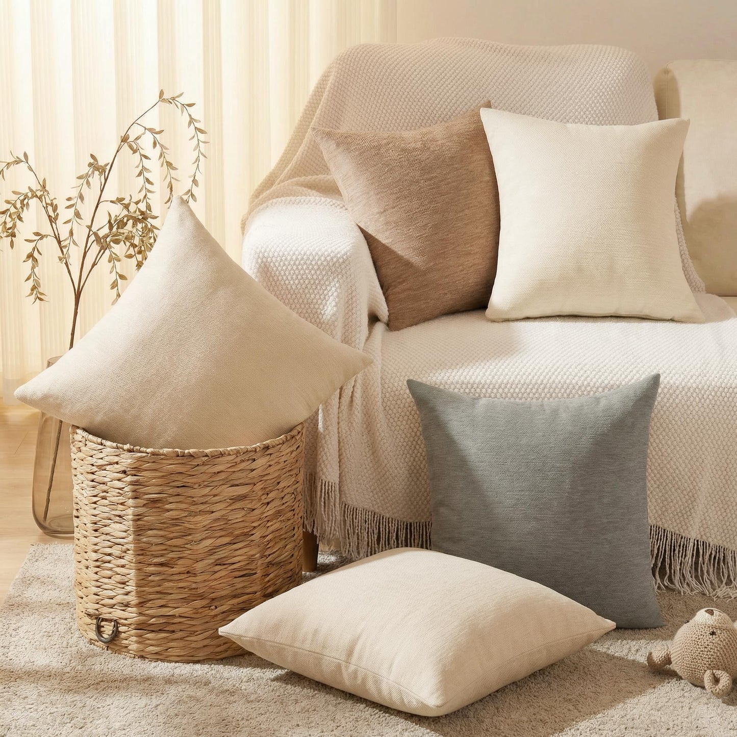 Set of 4 Neutral Throw Pillow Covers 18x18 Inch, Neutral Boho Farmhouse Aesthetic Decorative Pillow Cases for Couch, Sofa, Living Room & Bed, Soft Chenille Pillow Cases, Stylish Home Decor, 45x45 cm