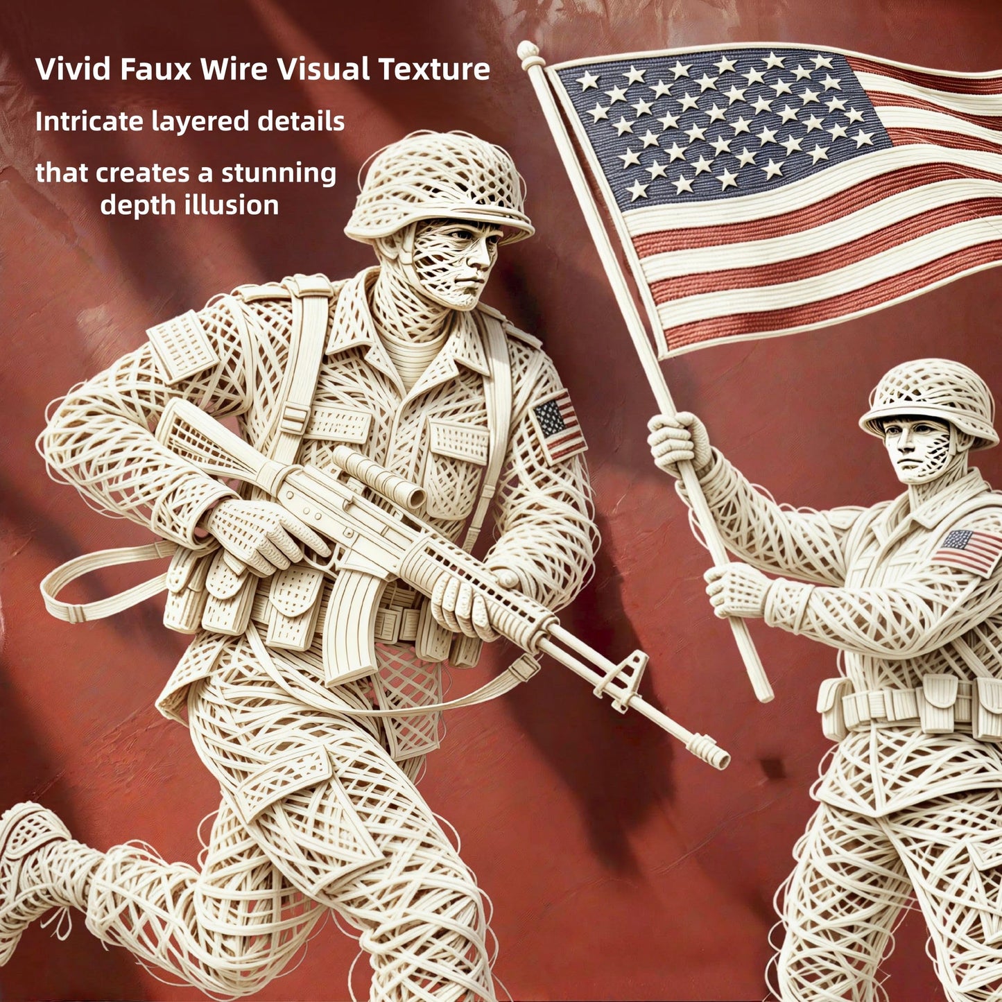 DIIMOST 3 Piece Faux Wire Art US Soldier Canvas Triptych, Patriotic Military Decor Set for Large Wall, Living Room, Office & Veteran Gift，(16×24inch*3)