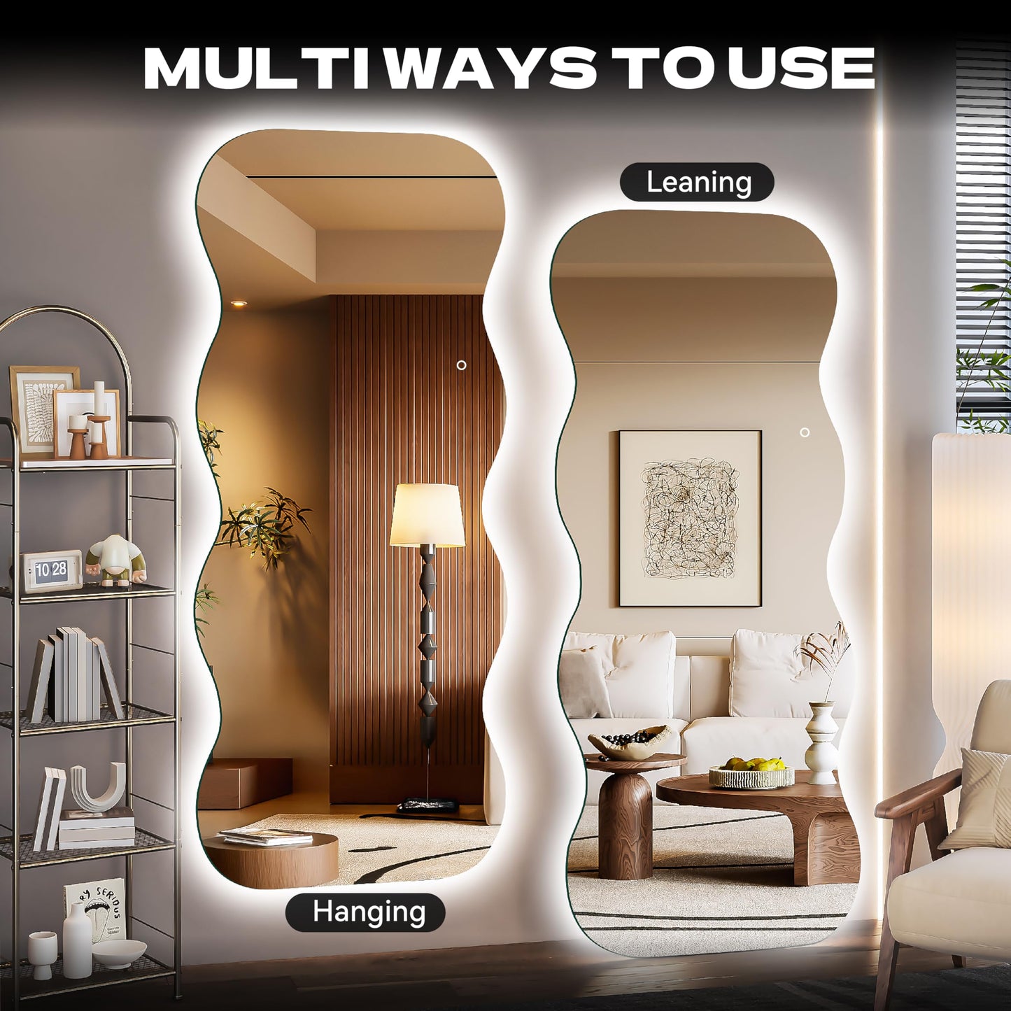 Hasipu Wavy Full Length Mirror with Lights - 94"×39" LED Wavy Floor Mirror, Frameless, Dimmable, Standing or Vertical/Horizontal Wall-Mounted Mirror for Bedroom, Living Room, Cloakroom