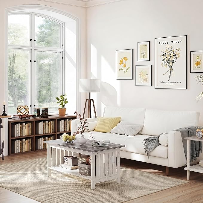 YOSHOOT 39.4" Farmhouse Coffee Table, Small Coffee Tables for Living Room | Grey, 2 Tier Coffee Table with Storage, Tea Table for Living Room Bedroom Small Space